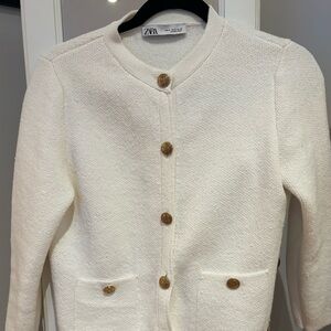 Zara Cream Button-Front Textured Cardigan with Gold Buttons